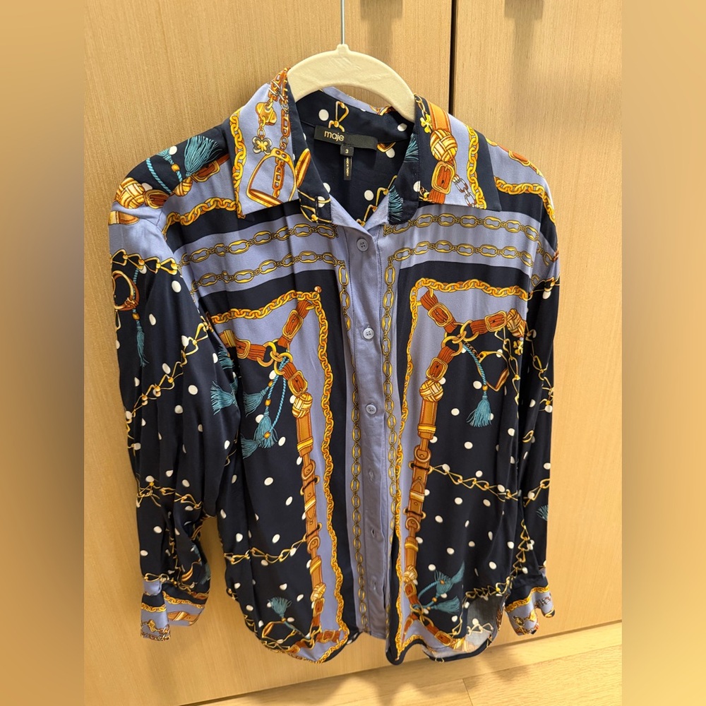 Maje Navy and Gold Chain Print Blouse